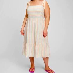 GAP Pastel Rainbow Striped Tie Strap Sleeveless Midi Dress Womens Small Tall